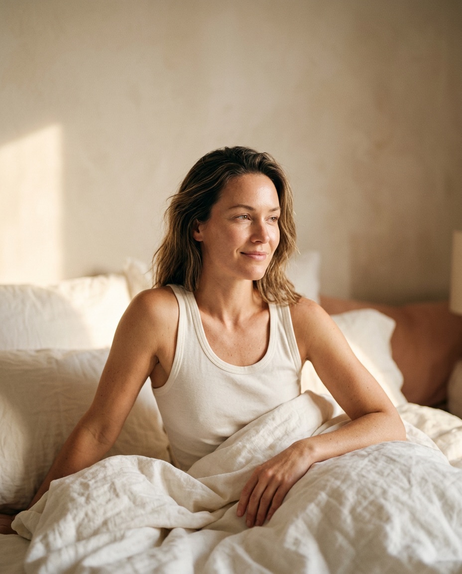A woman in a cream tank waking calmly in soft morning light, resting easily in bed.