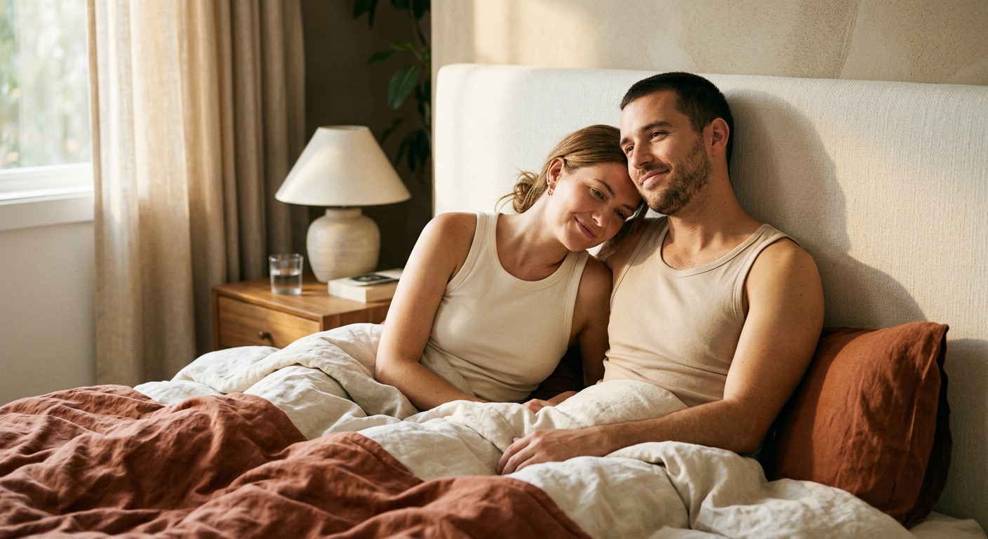 A young couple resting close together in soft morning light, breathing easy at the start of the day.