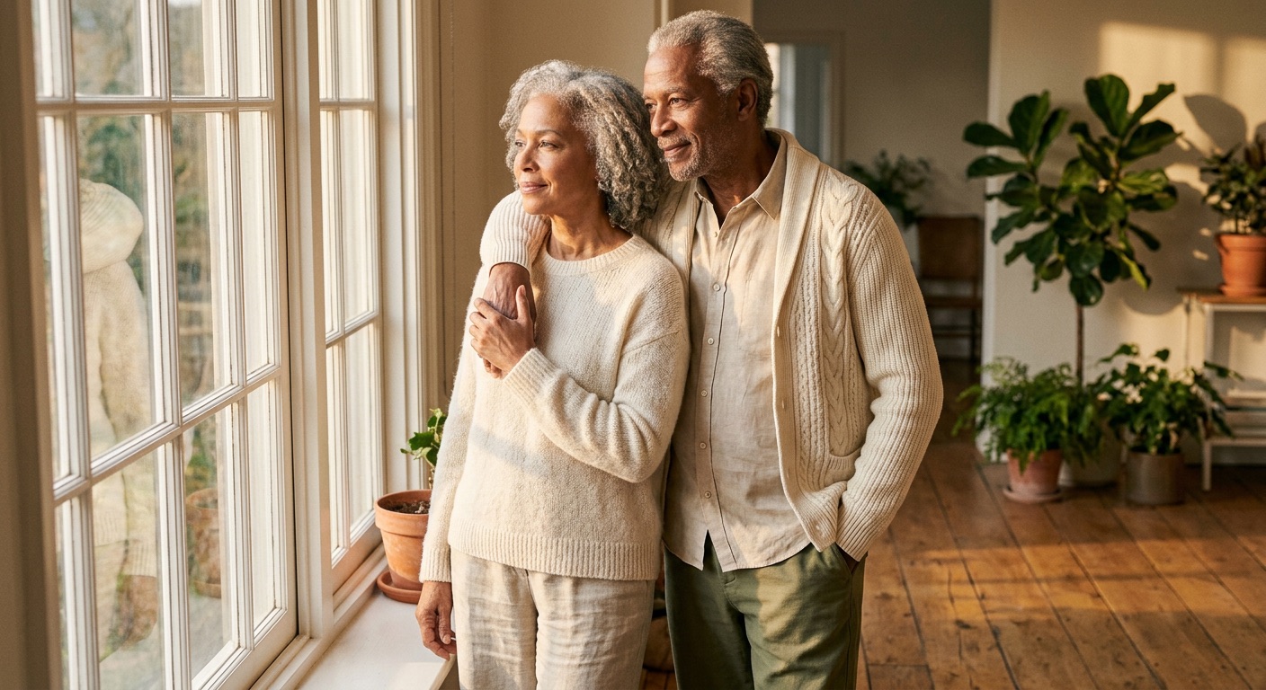 An older couple standing close together in warm golden-hour light at home, at ease.