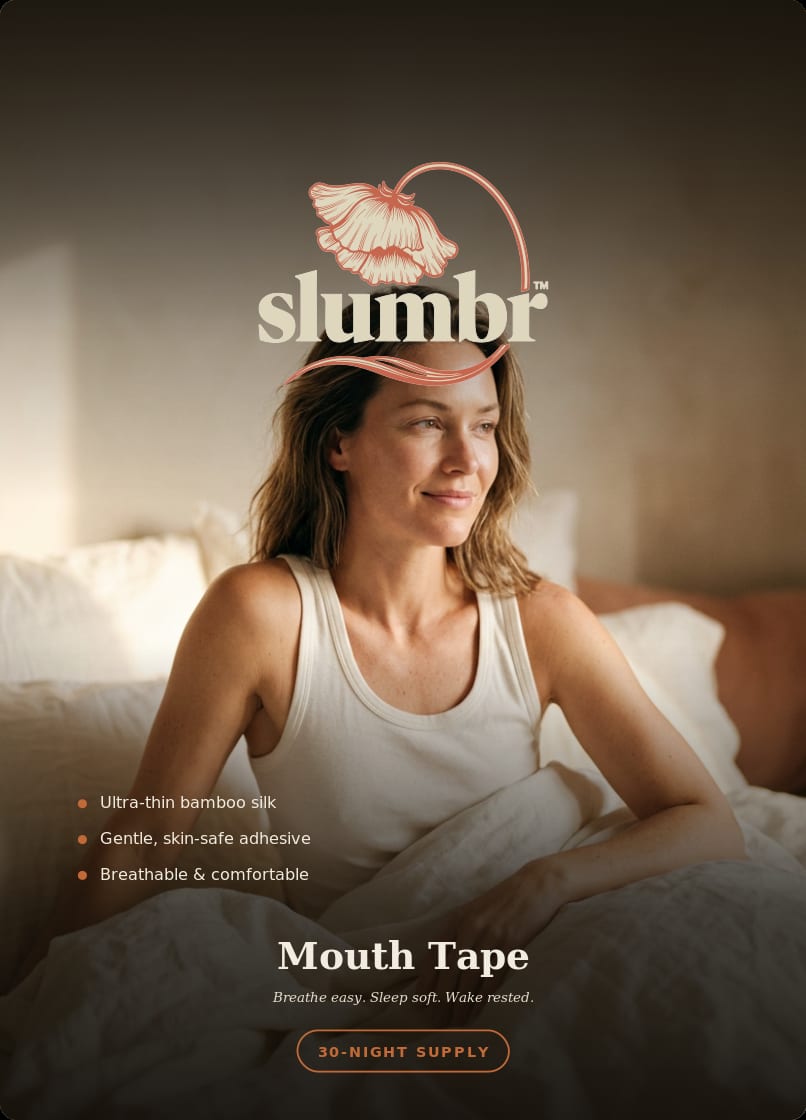 Slumbr Mouth Tape carton, front — the engraved poppy mark over a calm morning portrait, 30-night supply.